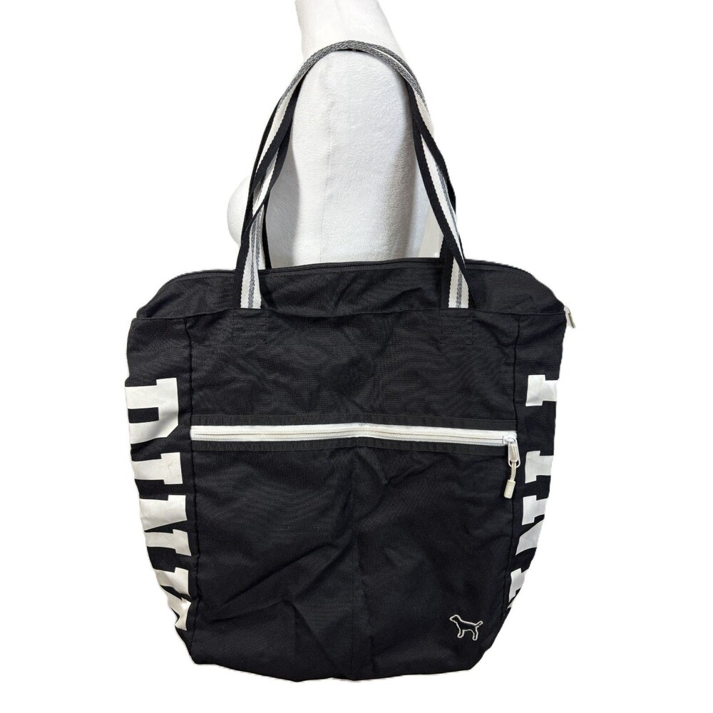Victorias Secret PINK Logo Black Tote Bag Weekender Zip Pocket Snap Handle Large